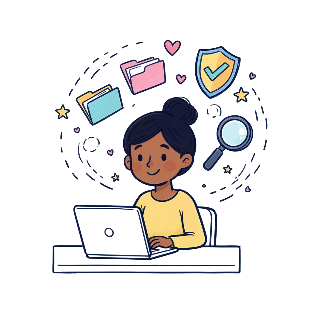 A friendly character at a laptop with floating folders, a shield and a magnifying glass.