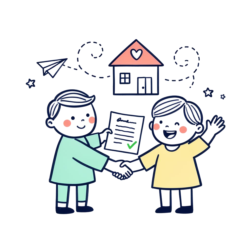 Two characters shaking hands over a signed contract, with a friendly house in the background.