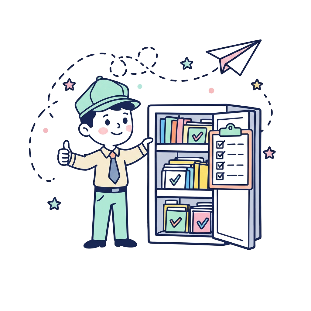 Friendly inspector character giving a thumbs up next to an organised file cabinet.