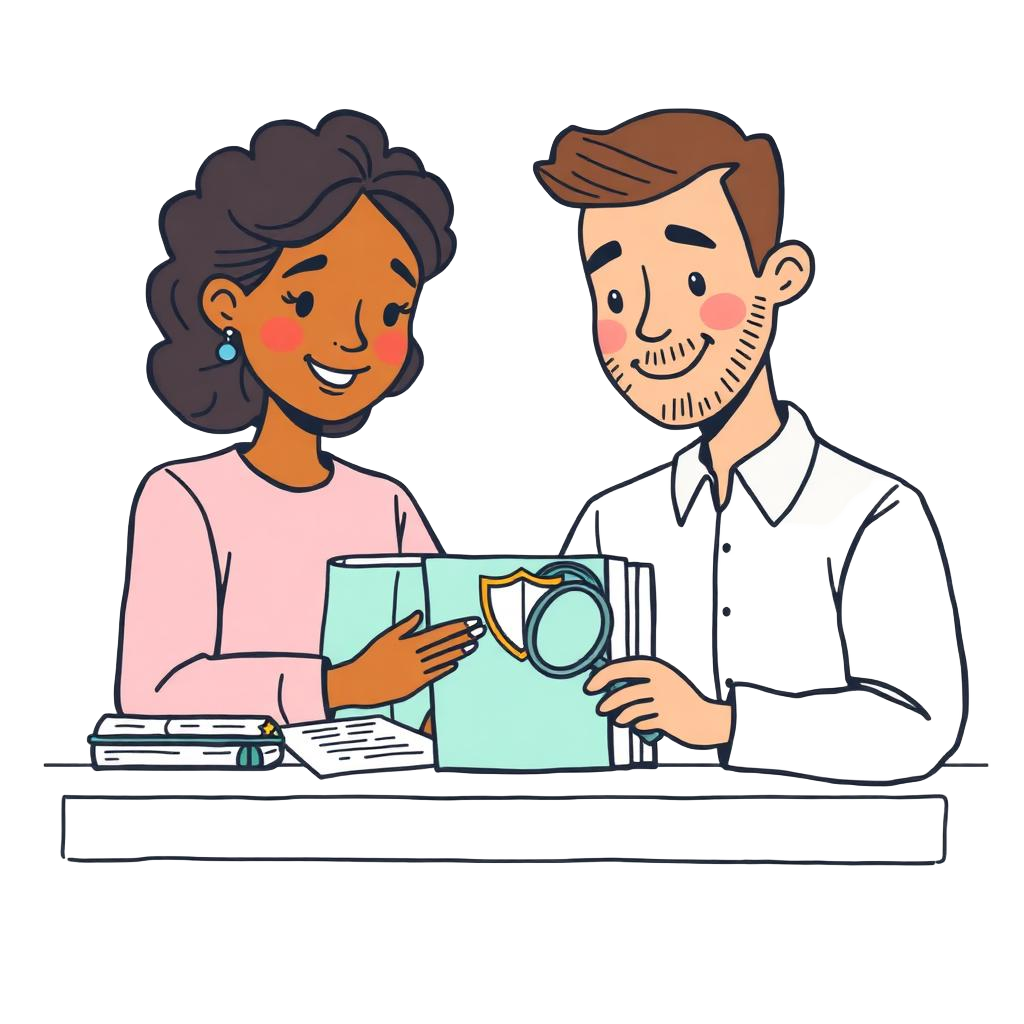 Two team members reviewing safeguarding checks together with a shield and magnifying glass.